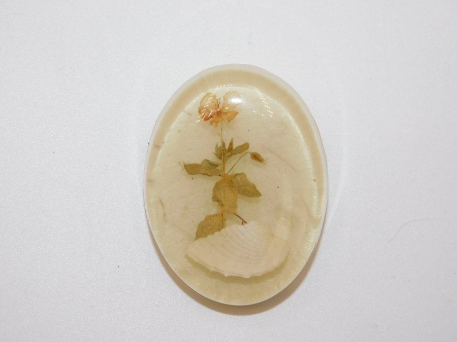 J340-VINTAGE PIN/BROOCH~HANDMADE~DRIED FLORAL/SHELL~1