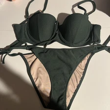 Shade & Shore Dark Green 2 Piece Bikini Set 32B Padded Top Small Bottoms Womens