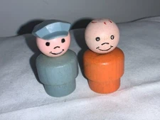 Vtg Fisher Price Little People Gray Wood Mailman Policeman or Pilot & 1 other