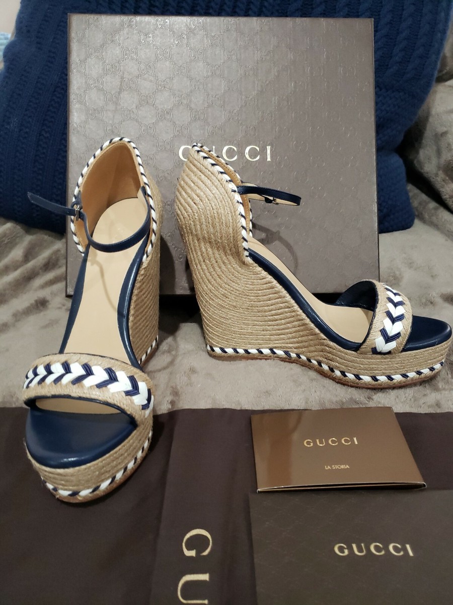 Gucci Sandal Blue White Wedge SIZE 39 =9US Wedge Heel 3.5inch