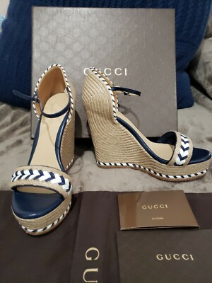 Gucci Sandal Blue White Wedge SIZE 39 =9US Wedge Heel