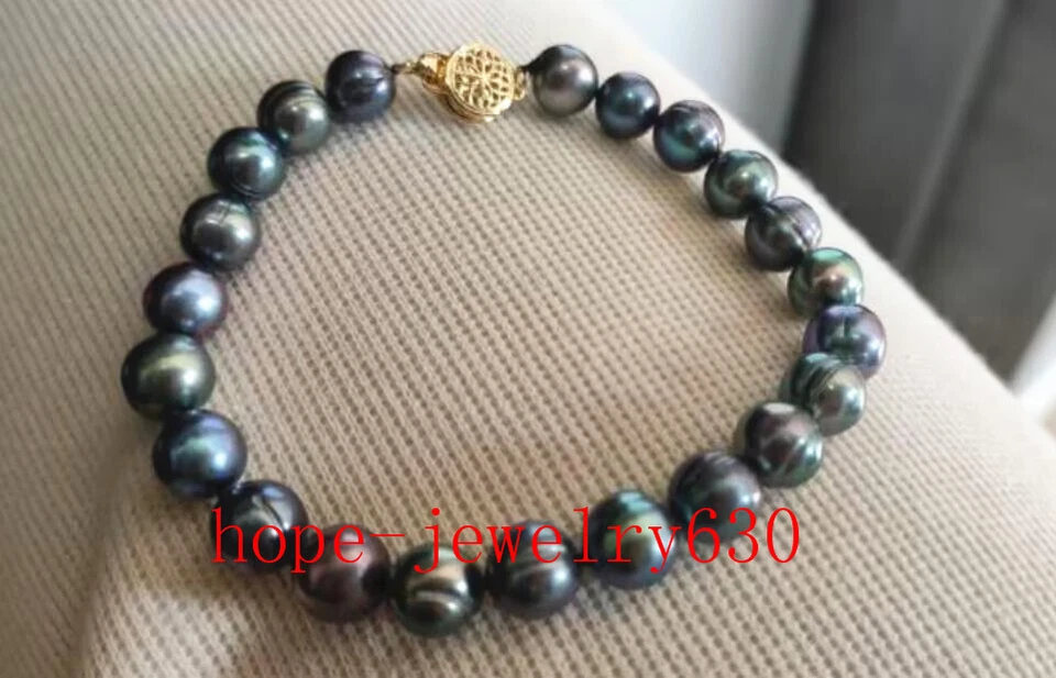 Women's 7.5-8" AAA+ 9-10mm natural Tahitian Black green pearl bracelet 14k Gold - Image 3 of 4