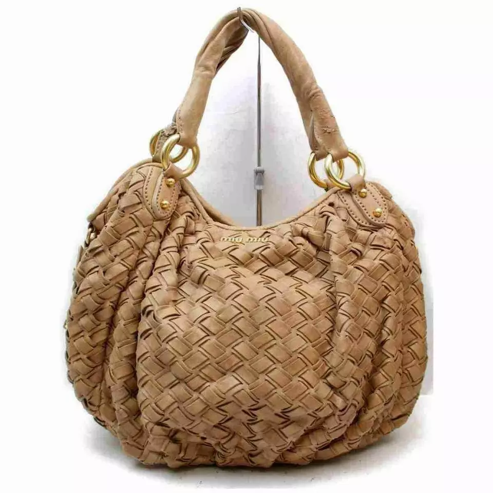 Miu Miu Woven Leather Hobo Brown Beige Leather 872994