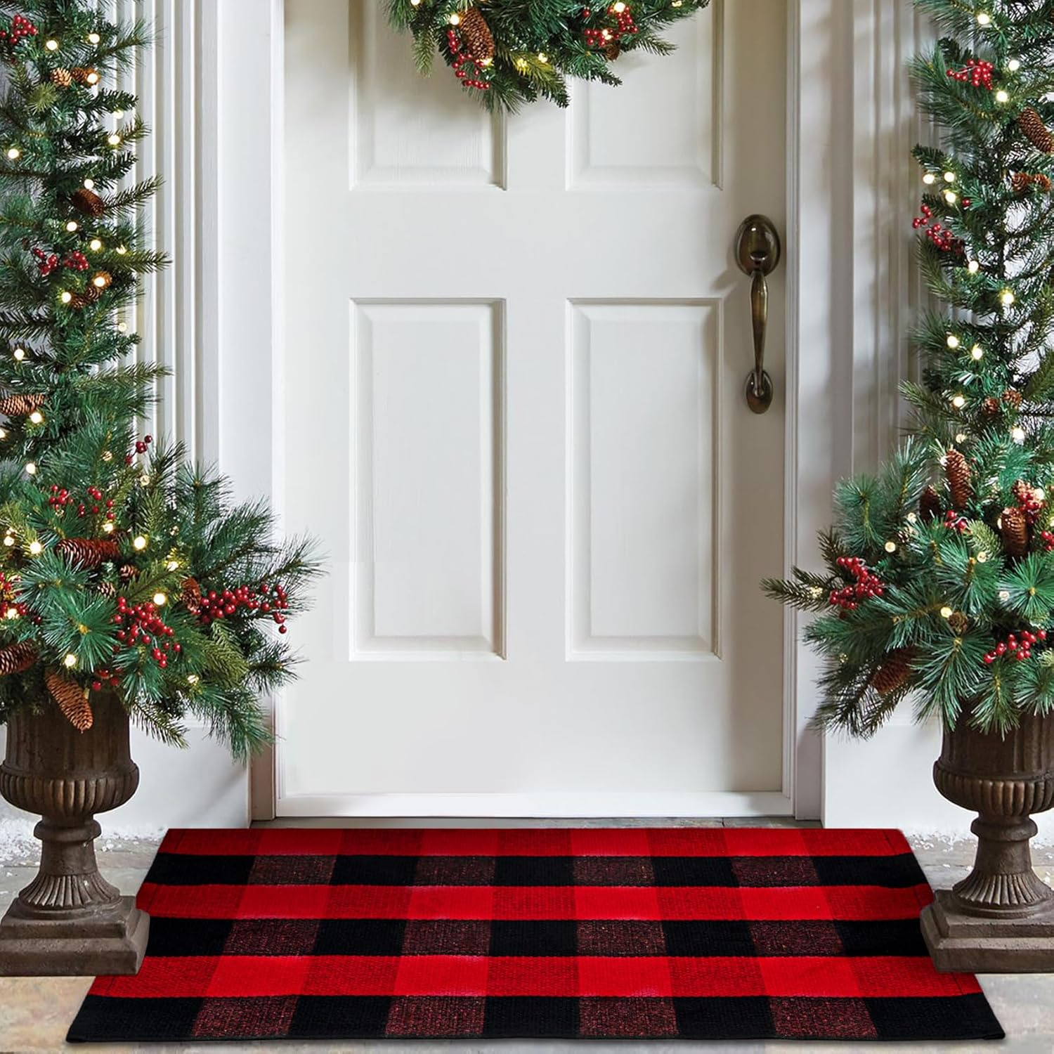 Christmas Door Mat, Red and Black Checkered Christmas Front Door Mat, Buffalo Pl