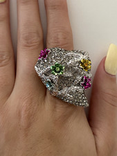 Marvelous Multi-Color Crystal w/Flowers Statement Ring Brass Silvertone Size 8.5