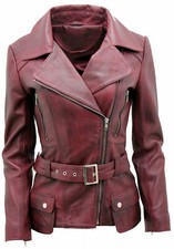Ladies Casual Vintage Burgundy Long Feminine Nappa Leather Biker Jacket