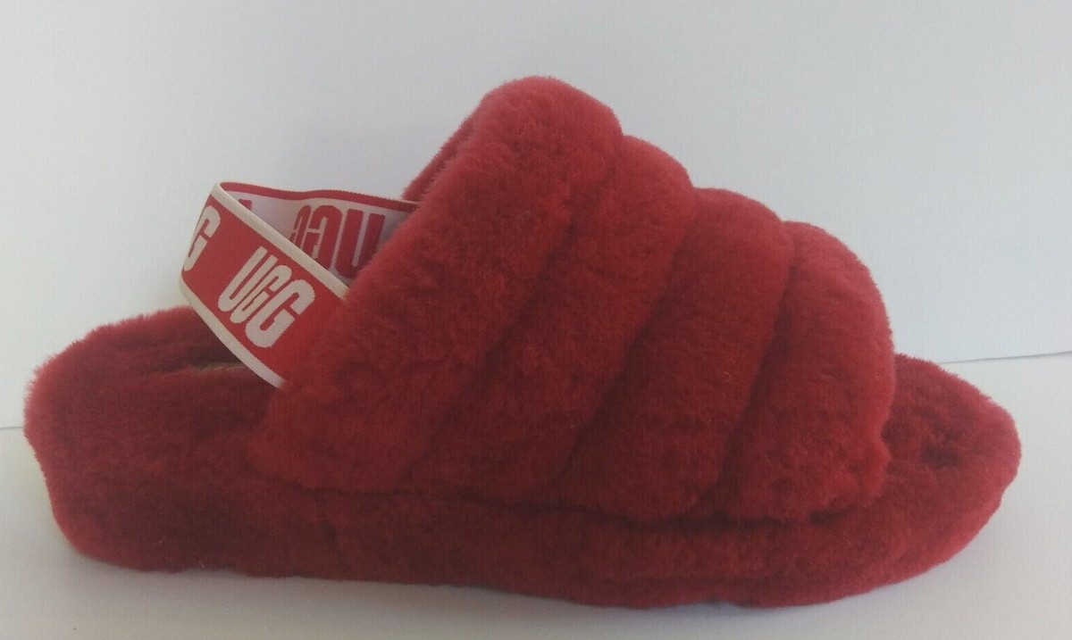 NEW Ugg Yeah Fluff Slippers Sz Women's Red Ribbon Slingback Slide Sandal  Fur