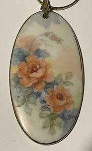 Vintage Hand Painted Porcelain Pendant, Rose Motif