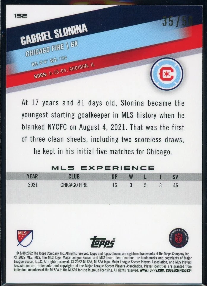 2022 Topps Chrome MLS Gabriel Slonina Gold Mini Diamonds Refractor /50 Chicago - Image 2 of 2