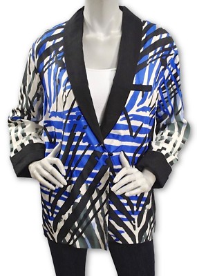 Giada Forte Jacket Button Shawl Collar Size XS Black & Blue Print Silk/Linen