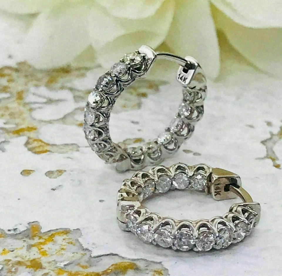 14K White Gold Over Round Diamond-Cut Lab Created Women's Huggie Hoop Earrings - Image 2 of 4