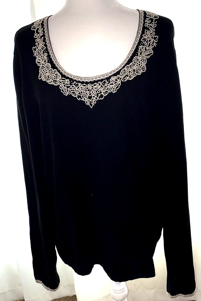 Anne Klein Top/Sweater 2X Black W/White Seed Beaded Neckline Long Sleeve