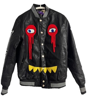 HARDSODA Men's Cartoon Varsity Leather Jacket Black Bones Heart Ribbing L