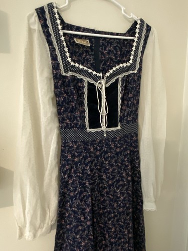 Gunne Sax Jessica Blue Floral Dirndl Dress Sheer Long Sleeves Lace Trim