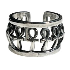 VINTAGE STERLING SILVER EGYPTIAN REVIVAL REPEATING ANKH WIDE BAND RING Sz 7.75
