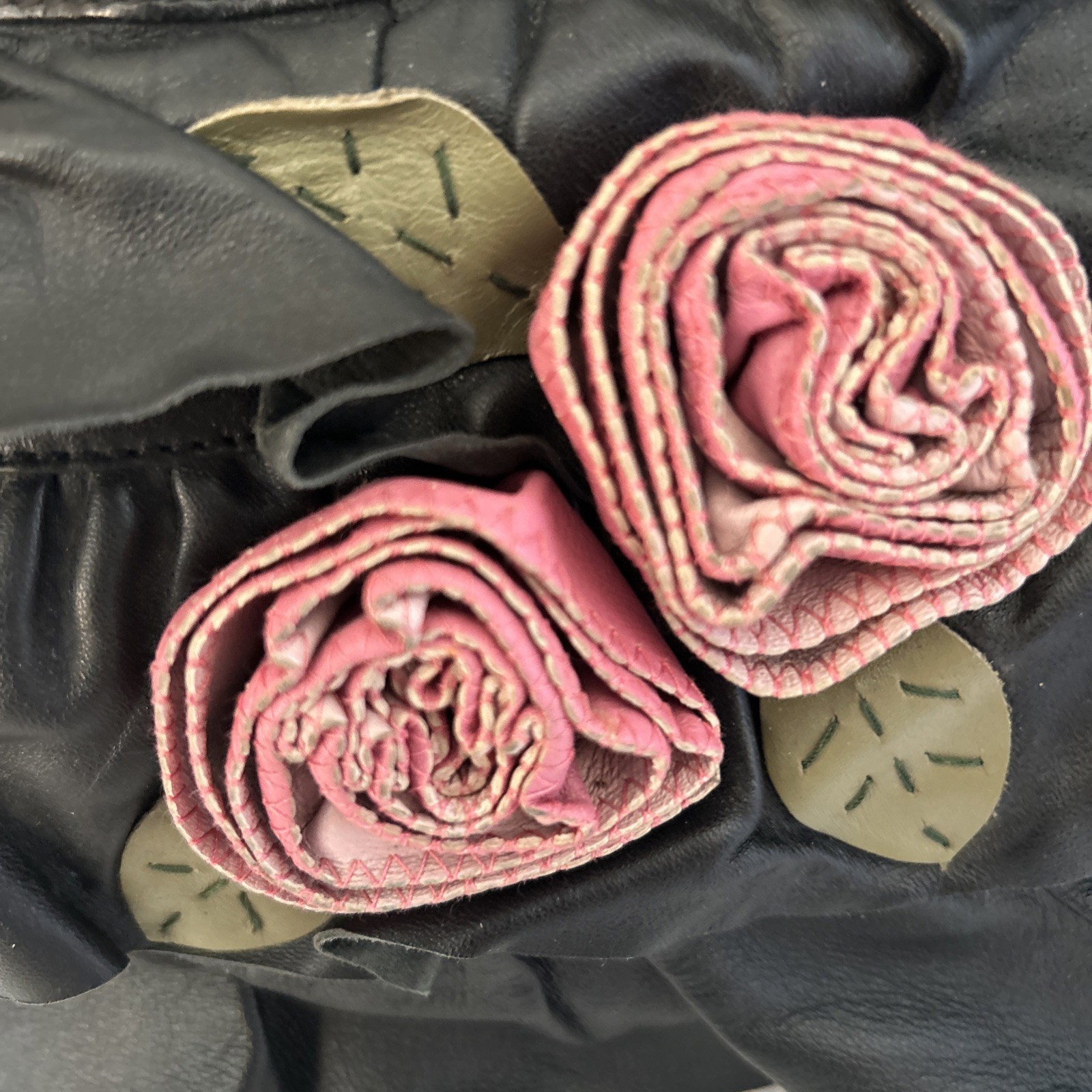 XUDE London Butter Soft Black Leather Top Handle Handbag Vintage, Rose Trim 5