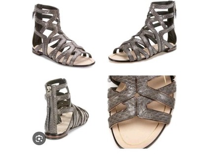 Brian Atwood Gladiator Sandals Womens Gray Snakeskin Zip Leather US 7, EU 37