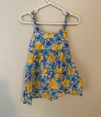 Vintage Aloha Fashion Girls Size 1 Hawaiian Floral Sundress Blue Yellow Cotton