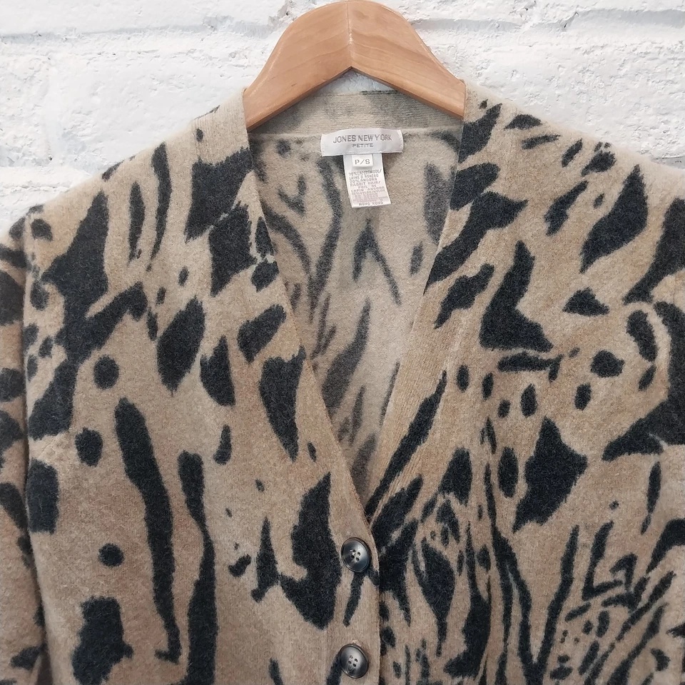 Cárdigan Suéter Lana de Cordero Angora Mujer Pequeño Marrón Estampado Animal Tigre Cuello en V Foto 3 de 4