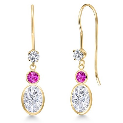 14K Yellow Gold White Moissanite and Pink Sapphire and Lab Grown Diamond Dangle