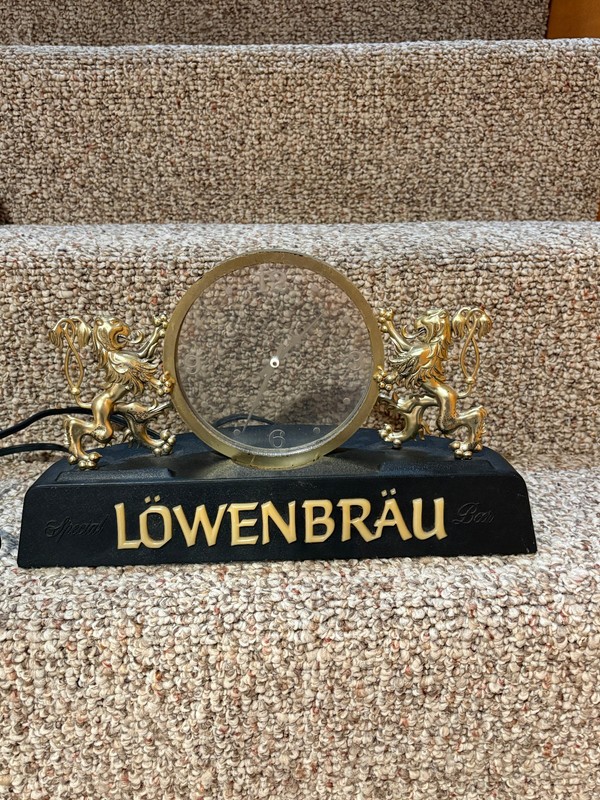 VTG Lowenbrau Beer Lion Logo Standing Lighted Cash Register Bar Top Clock Sign