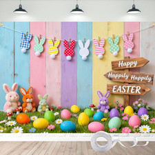 Easter Backdrop 7X5Ft Happy Easter Photo Backdrop with 32.8Ft Ribbon and 4 Gromm