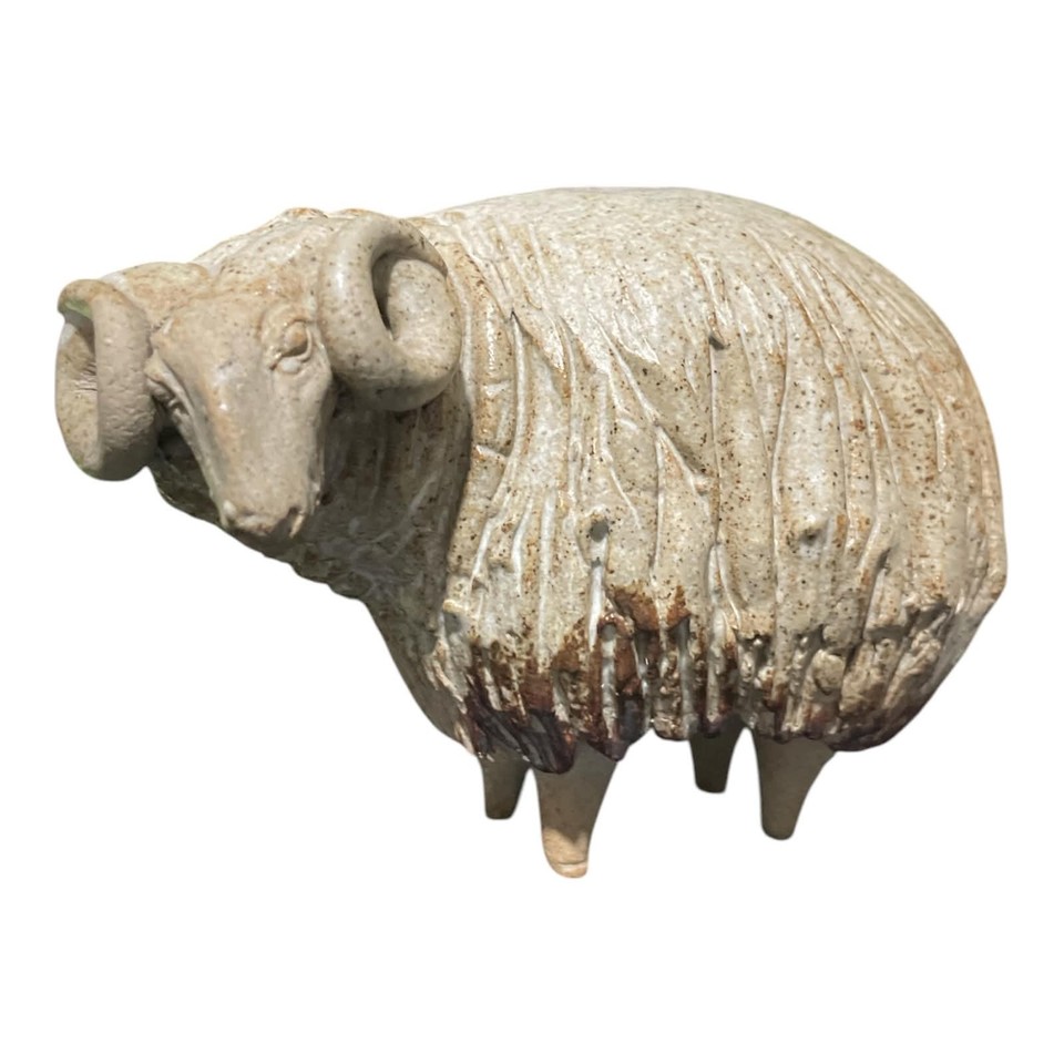 Vtg Rustic Artisan Studio Pottery MCM Curled Horn Textured Ram Sculpture 4.5"