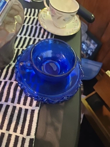 Cobalt Blue Cup and Saucer Set of 4 Mt. Pleasant by Smith Glass - Scalloped 