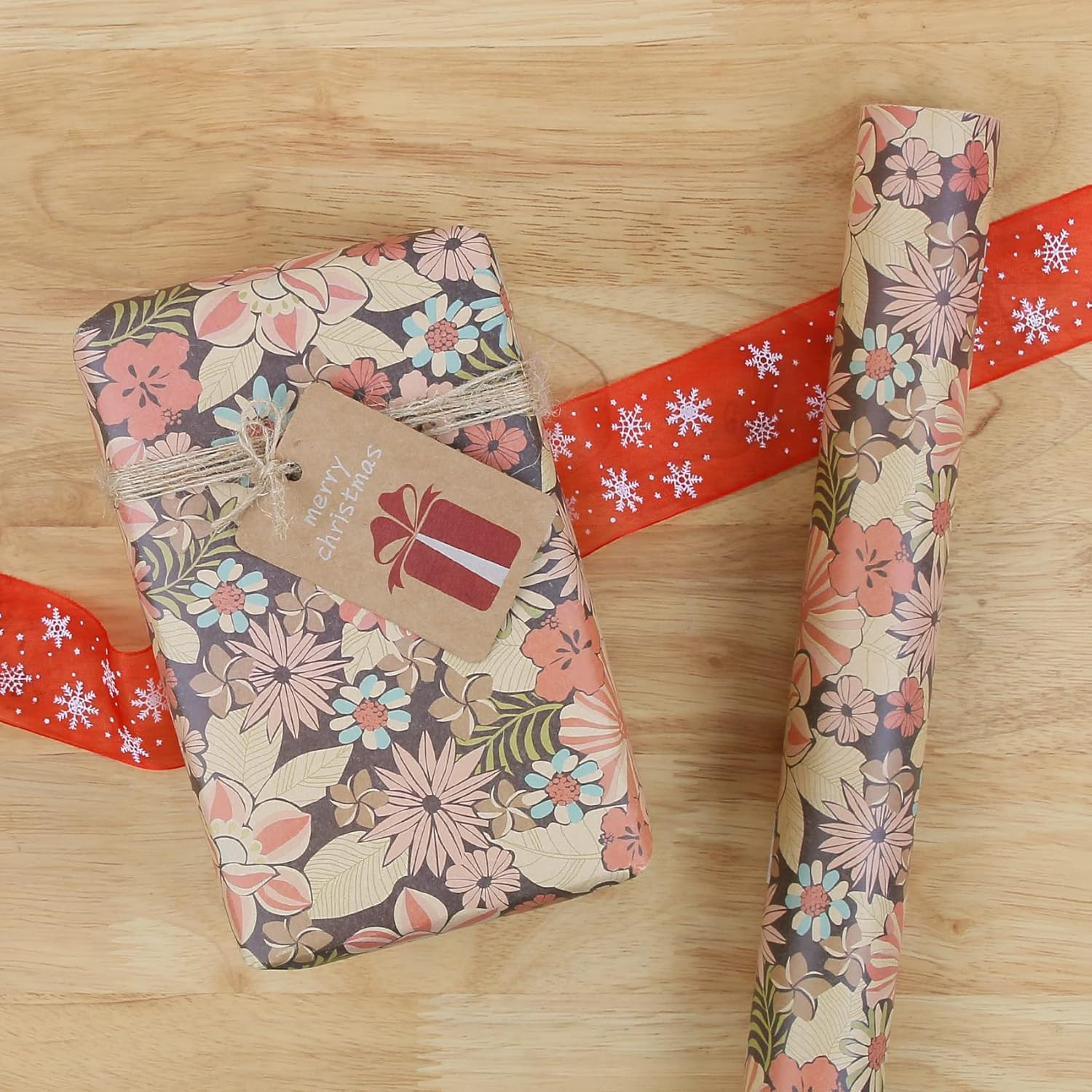 Kraft Floral Wrapping Paper Jumbo Roll, All Occasion Flower Gift Wrap Paper for 