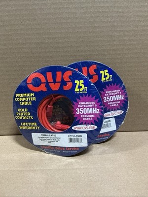 2 Pack - 25ft RED QVS CAT 5E 350MHz Gold Plated Ethernet Network Cable RJ45