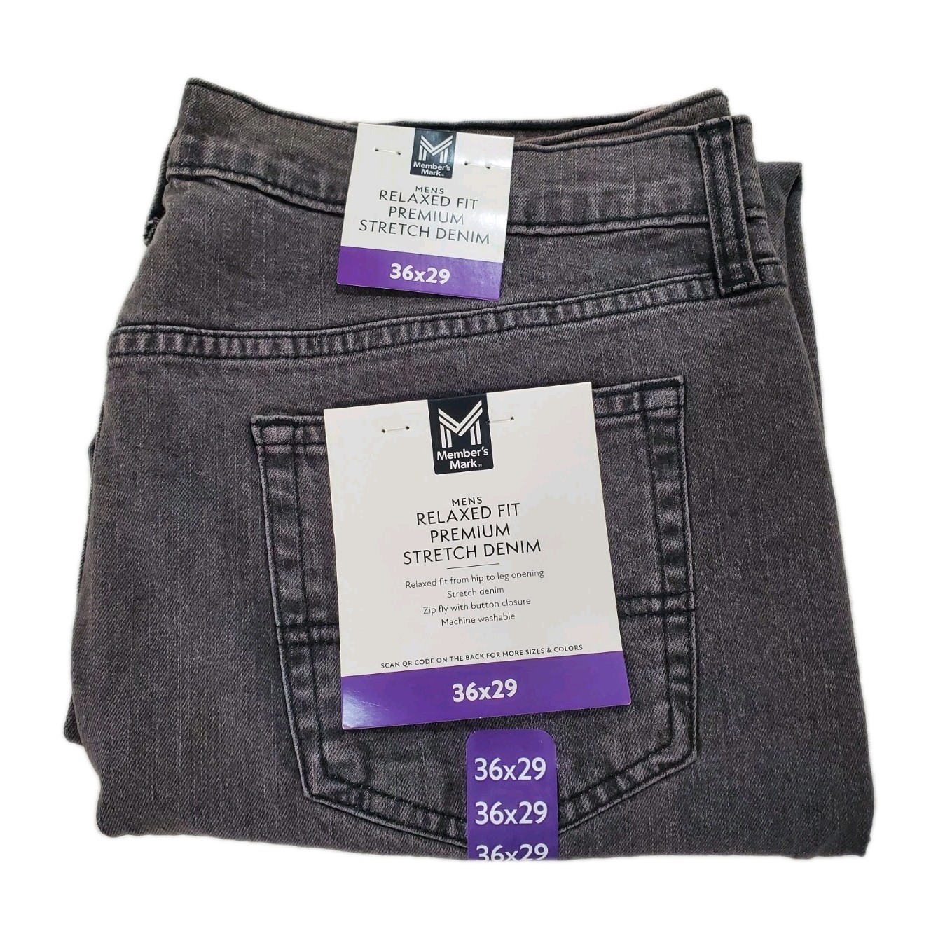 Members Mark Straight Fit Premium Stretch Denim Jeans Mens 36 x 29 Gray