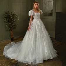 Elegant Princess Wedding Dress Short Sleeves Square Neck Applique Bridal Gown