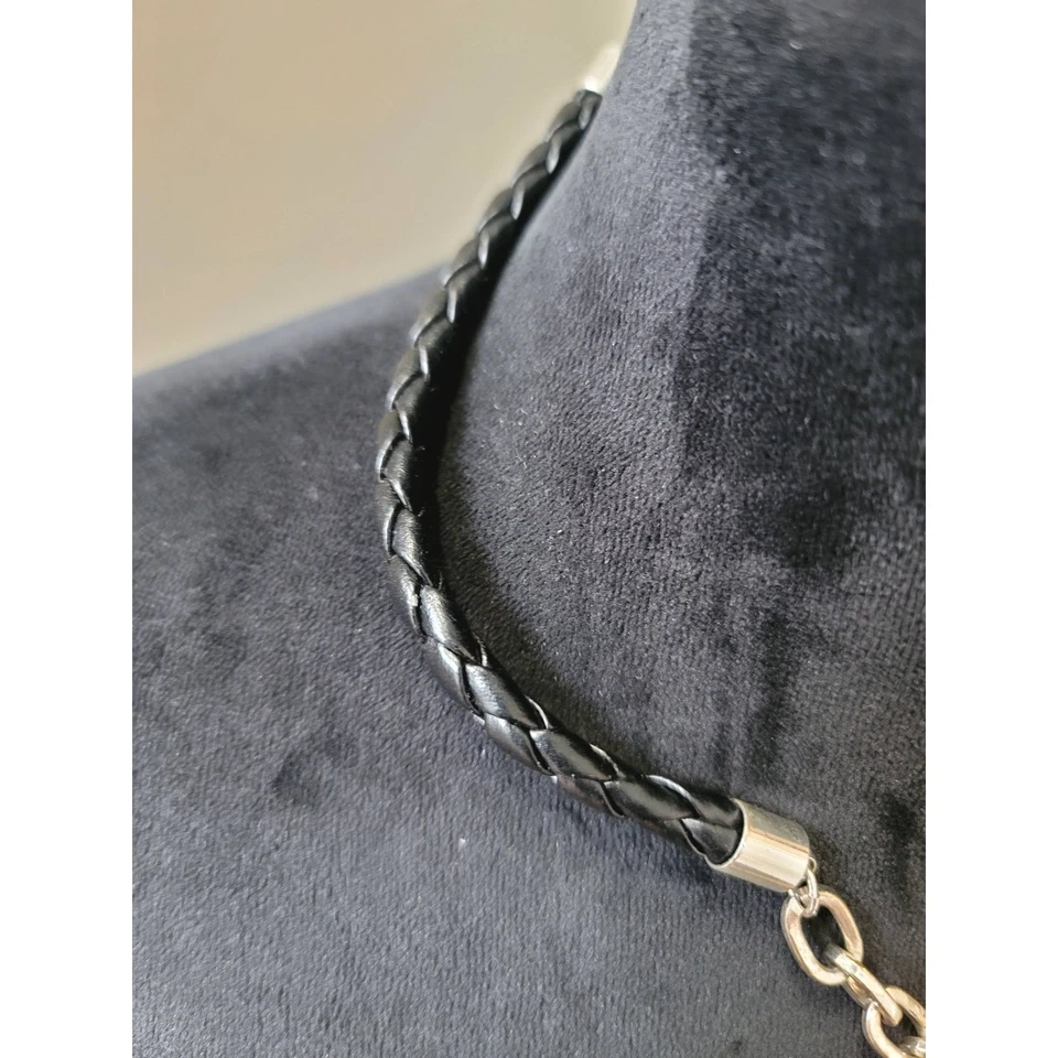 Women's Black Leather Braided Necklace with Silver Heart Locket Lobster Clasp - Image 4 of 4
