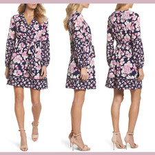 NEW $138 ELIZA J Print Faux Wrap Dress in Navy/Pink [SZ 4 ] #E906