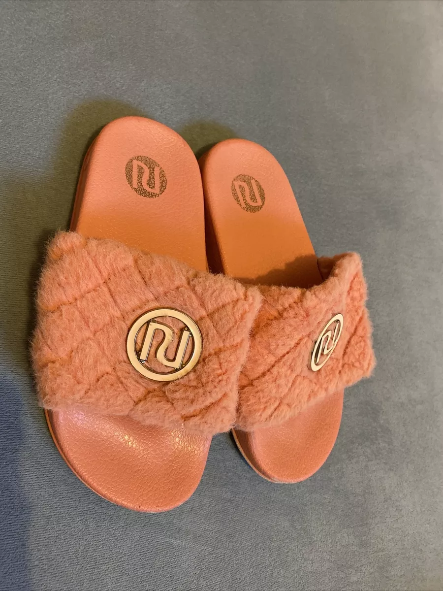 River Island peach orange fluffy sliders size 13