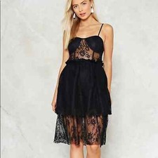 NastyGal Black Lace Tiered Midi Dress Cocktail Dress