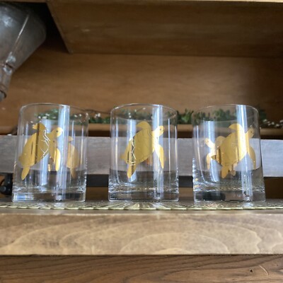 Set of 4 Mid Century Modern Gold Gilt Turtle Double Old-Fashioned Glasses 4 1/4''