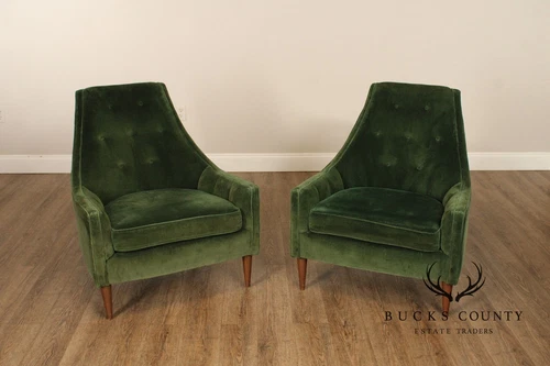 Mid Century Modern Pair of Tufted Velvet Lounge Chairs - Picture 2 of 15