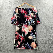 Vintage Veronika Maine Womens Shift Dress Size 8 Black Floral Off the Shoulder