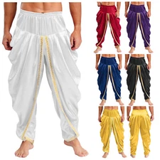Men Satin Dhoti Pants Elastic Waist Harem Pants Draped Arabian Prince Trousers