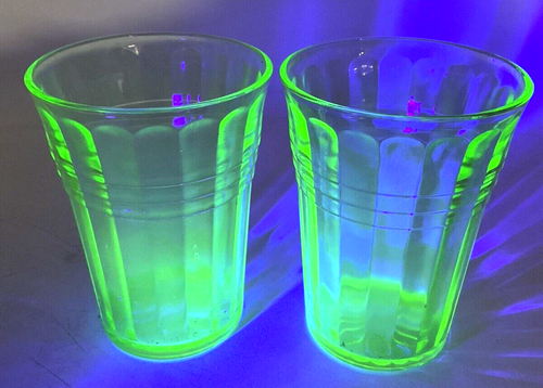 TWO (2) Hazel Atlas Glass MODERNTONE Green Flat Tumblers 4" Depression Glass GLO
