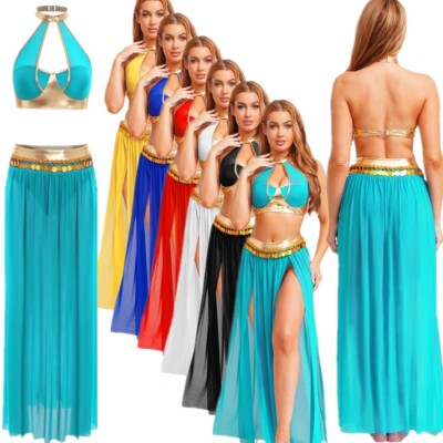 Frauen Bauch Tanz Kostüm Crop Top Maxi Rock Paillette Fringe Taille Kette Indian