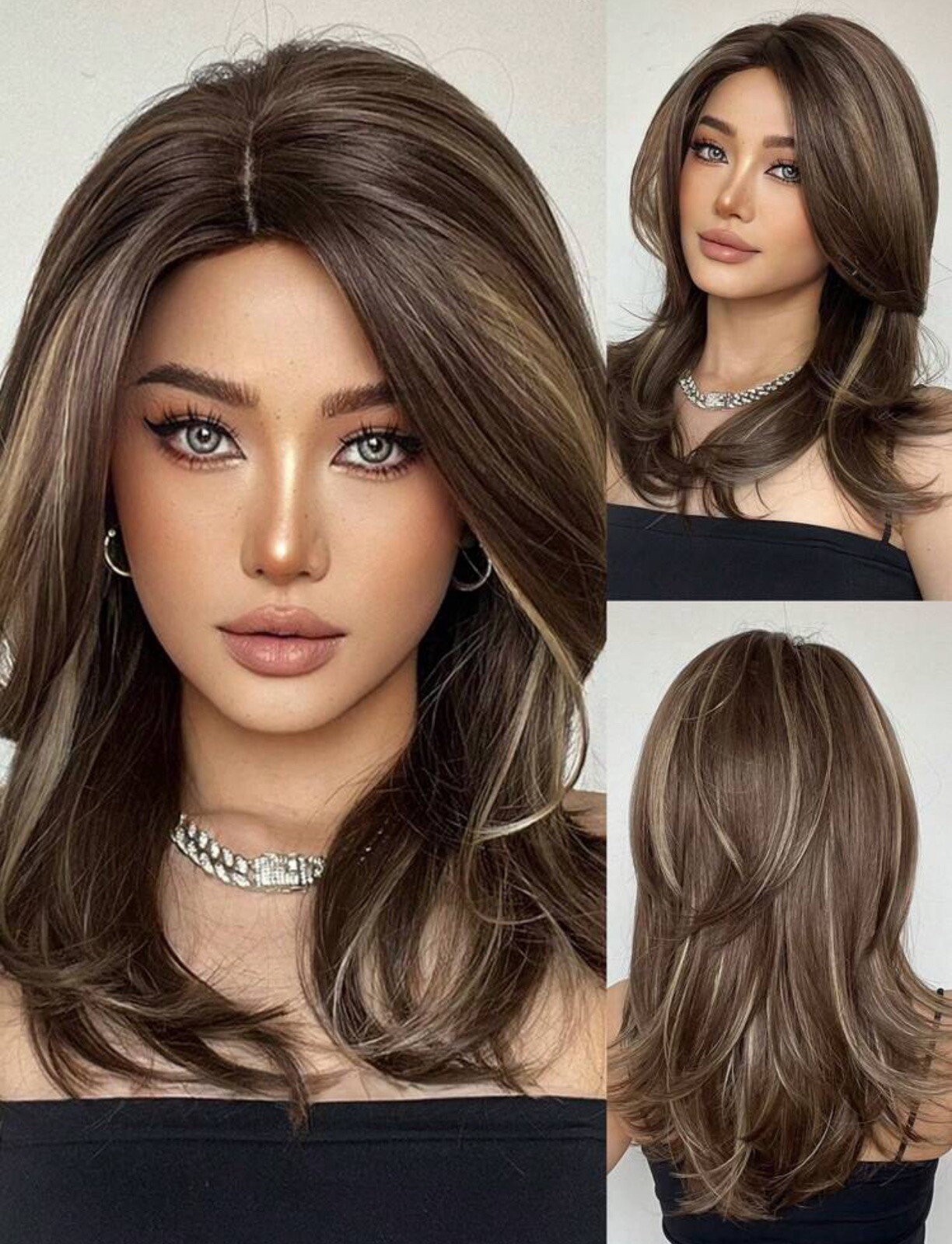 Wig femme courte lisse brune doré 55cm avec frange droite et bonnets