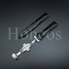 12-24 MM Watch Band Strap Genuine Leather Alligator Deployant Clasp Buckle Black