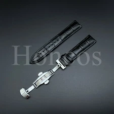 12-24MM Watch Band Strap Genuine Leather Alligator Deployment Clasp Buckle Black