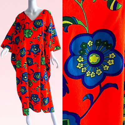 1970s Vintage Hawaiian Psychedelic Floral Neon Kimono Caftan Maxi ...