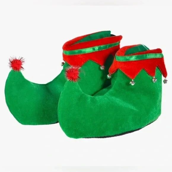 Elf 鞋带铃铛绿色和红色天鹅绒假日脚成人拖鞋 — 第 4/4 张图片