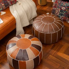 53cm Round Moroccan PU Leather Pouf Cover Ottoman Footstool Cover Unstuffed