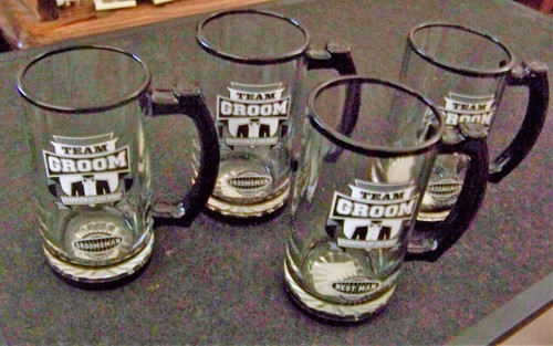 4 pc Team Groom handled clear glass tankard set Best Man Groomsman mugs