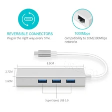 Type C to Gigabit Ethernet Lan RJ45 Network LAN Gigabit USB3.0 Hub Macbook / Pc